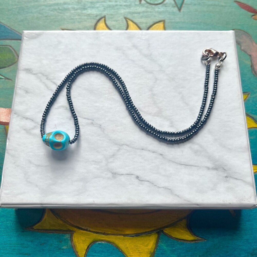 Blue Candy Skull Seed Beaded Choker Necklace